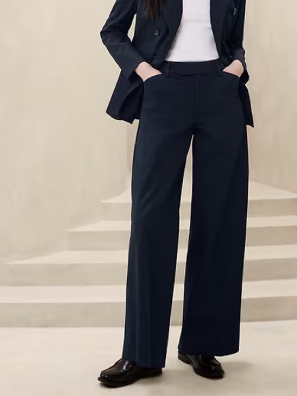 Banana Republic Stretch Cotton Icon Trouser in Preppy Navy Blue Sz 10 Wide Leg